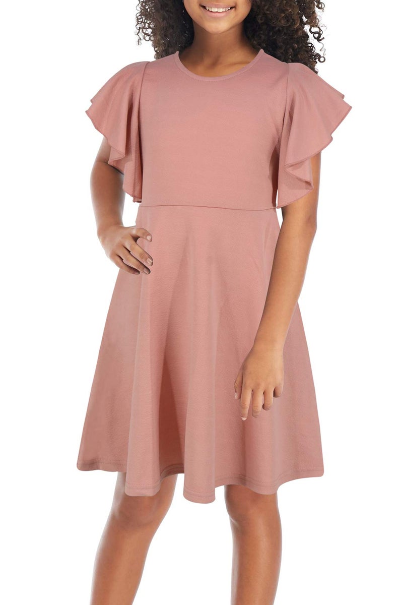 GORLYA Girl's Flutter Sleeve Stretchy A-Line Swing Flared Skater Party Dress with Pockets for 14 Years Kids (GOR1019, 14Y, Pink Color) - Image 1
